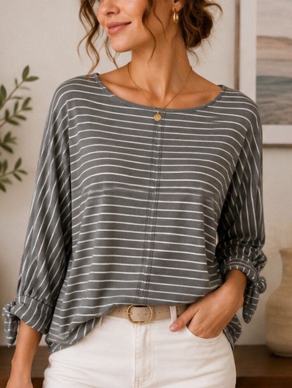 MELLODAY Gray & White Stripe Tie-Sleeve Tunic